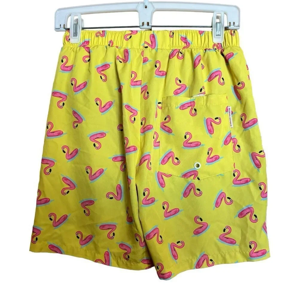 Mosmann Australia Lined Swim Trunks Shorts Small Yellow Pink Flamingo Print